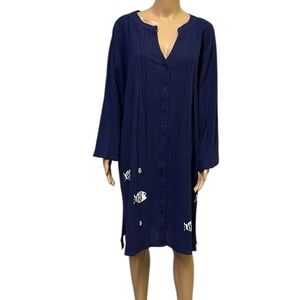 The Vermont Country Store Crepe Cotton Fish Print 3 Quarter Sleeve Midi Dress 2X